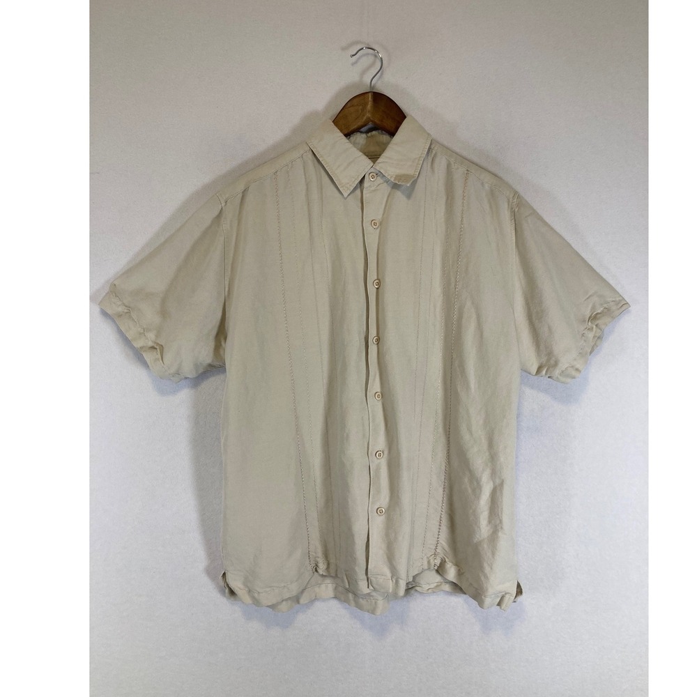 Coastal Boho Cubavera Women Large Cream Ramie Rayon‎ Pintuck Short Sleeve Shirt